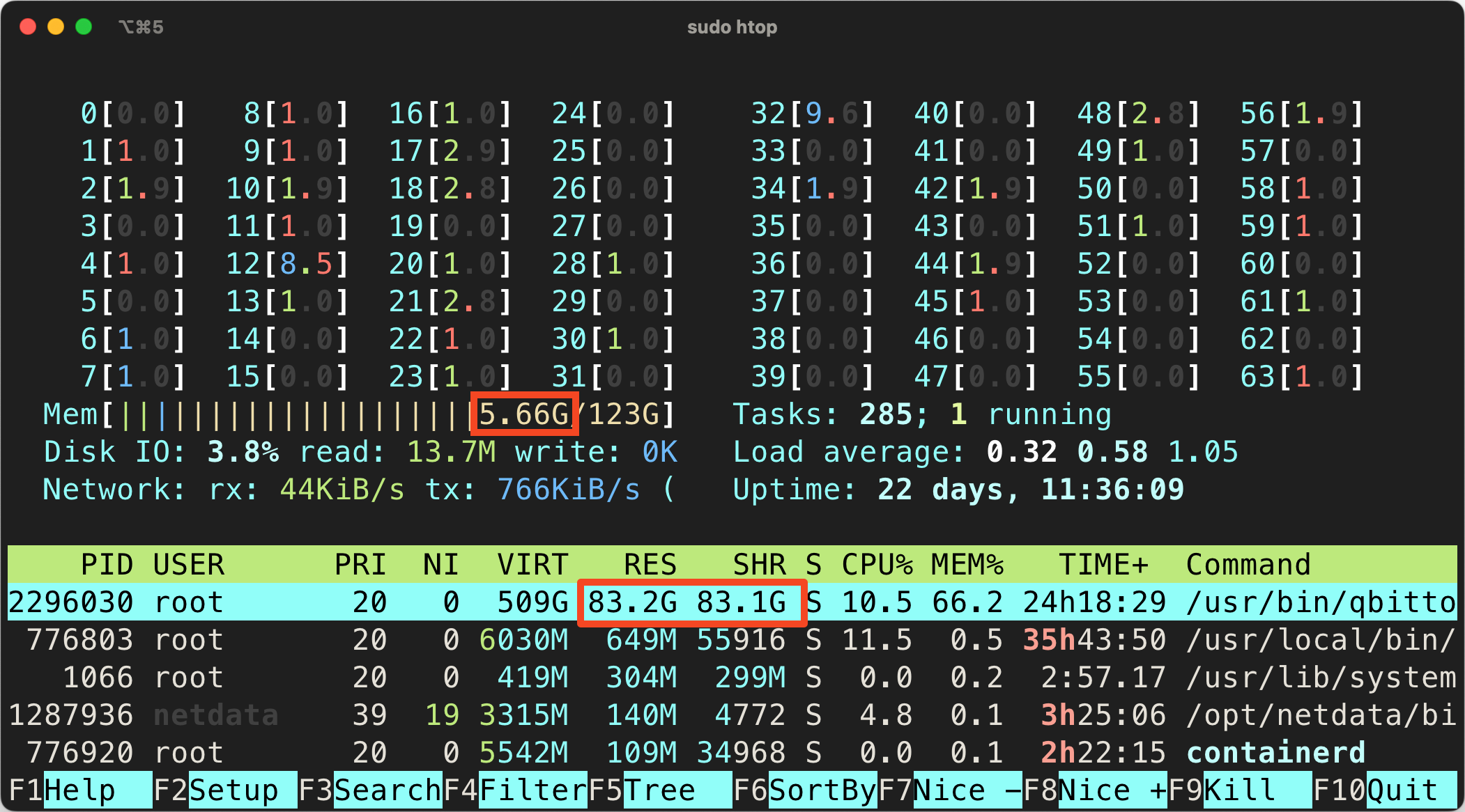 qBittorrent 内存占用示例